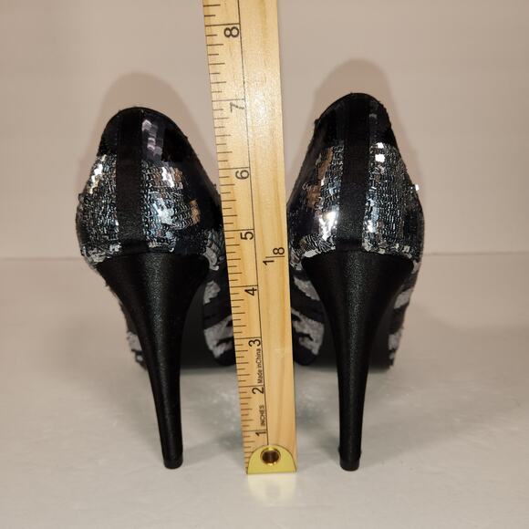 NINA NEW YORK Evan Heel Womens 8M Black Silver Sequins Satin Platform Peep Toe - Picture 6 of 11